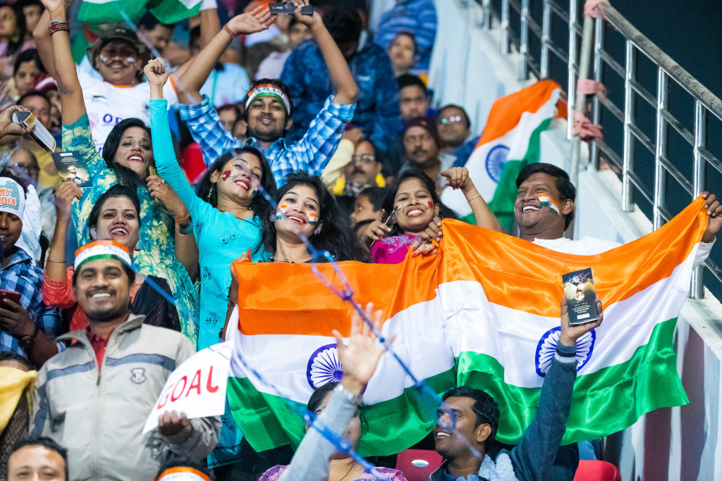 BHUBANESWAR (INDIA) - Supporters India tijdens Canada-India bij het WK Hockey heren. COPYRIGHT KOEN SUYK